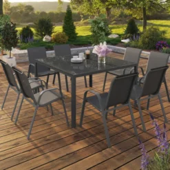 Salon de jardin MADRID table carrée 130 CM et 8 chaises empilables gris anthracite