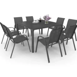 Salon de jardin MADRID table carrée 130 CM et 8 chaises empilables gris anthracite