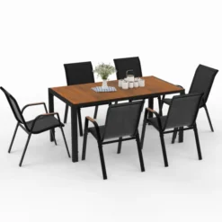 Salon de jardin noir et bois avec table 150 cm plateau verre trempé effet bois et 6 chaises empilables