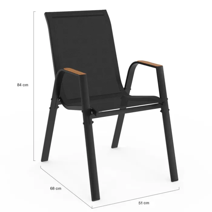 Salon de jardin noir et bois avec table 150 cm plateau verre trempé effet bois et 6 chaises empilables