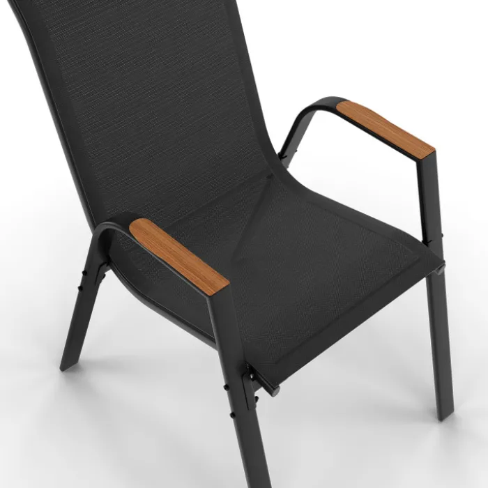 Salon de jardin noir et bois avec table 150 cm plateau verre trempé effet bois et 6 chaises empilables