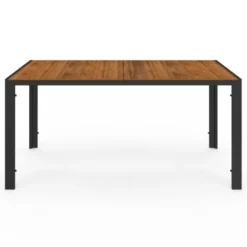 Salon de jardin noir et bois avec table 150 cm plateau verre trempé effet bois et 6 chaises empilables