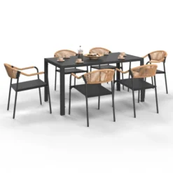 Salon de jardin 6 personnes avec chaises noir et rotin clair