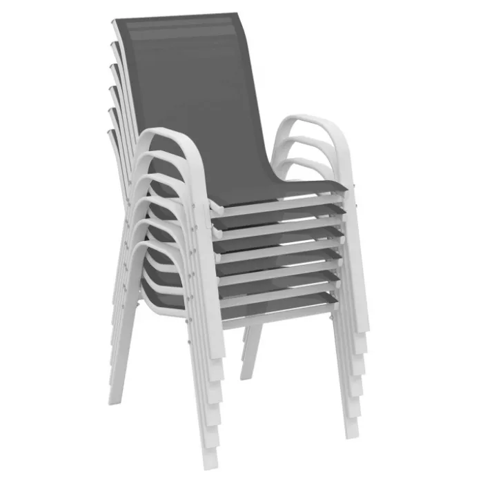 Salon de jardin table 190 cm et 8 chaises empilables blanc et gris