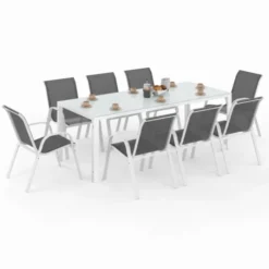 Salon de jardin table 190 cm et 8 chaises empilables blanc et gris