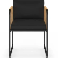 Salon de jardin table 190 CM et 8 chaises métal noir, cordage effet rotin clair et coussins noirs
