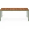 Salon de jardin table 190 cm plateau verre trempé effet bois et 8 chaises empilables vert et bois
