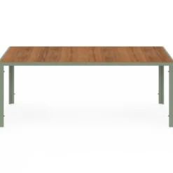 Salon de jardin table 190 cm plateau verre trempé effet bois et 8 chaises empilables vert et bois