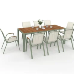 Salon de jardin table 190 cm plateau verre trempé effet bois et 8 chaises empilables vert et bois