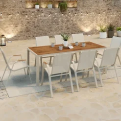 Salon de jardin table 190 CM plateau verre trempé effet bois et 8 chaises empilables beige et bois
