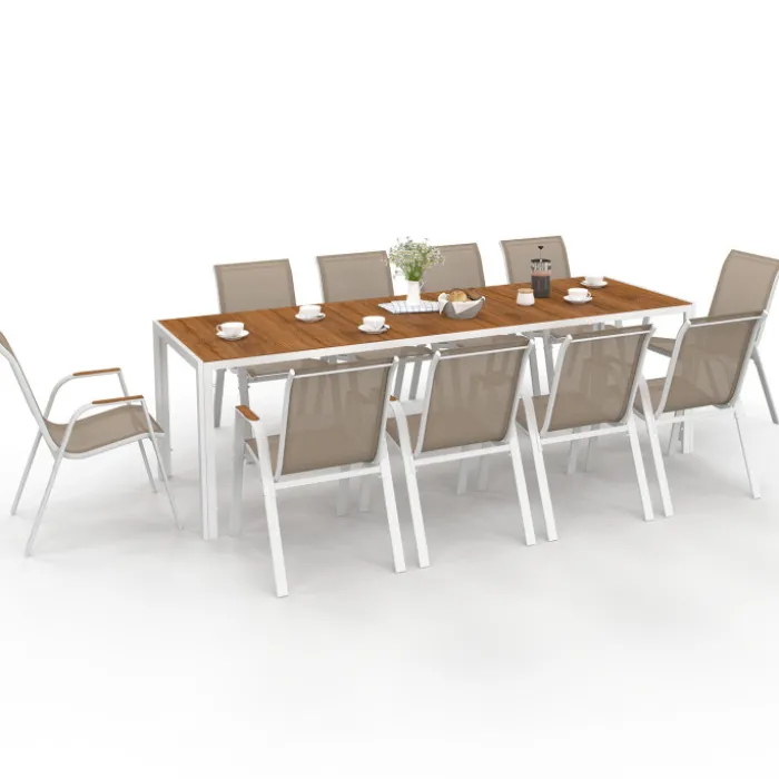 Salon de jardin table 240 CM plateau verre trempé effet bois et 10 chaises empilables blanc et bois