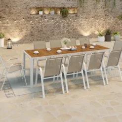 Salon de jardin table 240 CM plateau verre trempé effet bois et 10 chaises empilables blanc et bois