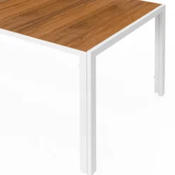 Salon de jardin table 240 CM plateau verre trempé effet bois et 10 chaises empilables blanc et bois