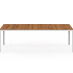 Salon de jardin table 240 CM plateau verre trempé effet bois et 10 chaises empilables blanc et bois