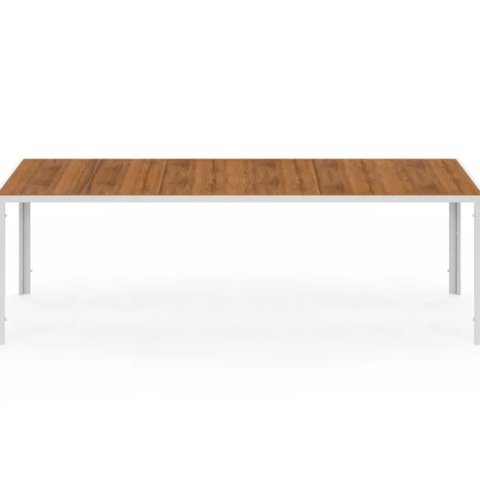 Salon de jardin table 240 CM plateau verre trempé effet bois et 10 chaises empilables blanc et bois