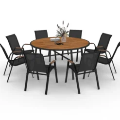 Salon de jardin table ronde 150 cm plateau verre trempé effet bois et 8 chaises empilables noir et bois
