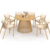 Salon de jardin table ronde 120 cm avec pied lattes en métal et 6 chaises de jardin avec lanières et coussins beiges