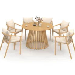 Salon de jardin table ronde 120 cm avec pied lattes en métal et 6 chaises de jardin avec lanières et coussins beiges