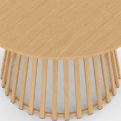 Salon de jardin table ronde 120 cm avec pied lattes en métal et 6 chaises de jardin avec lanières et coussins beiges