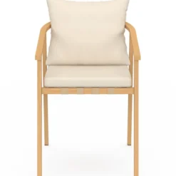 Salon de jardin table ronde 120 cm avec pied lattes en métal et 6 chaises de jardin avec lanières et coussins beiges
