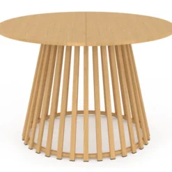 Salon de jardin table ronde 120 cm avec pied lattes en métal et 6 chaises de jardin avec lanières et coussins beiges
