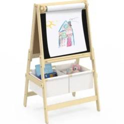 Tableau enfant 3 en 1 chevalet double face avec rouleau de papier et 2 paniers de rangement