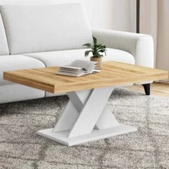 Table basse avec plateau bois et pied en X blanc