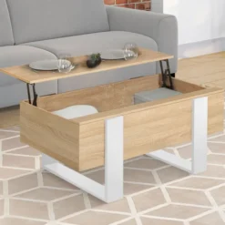 Table basse bois et blanc avec plateau relevable