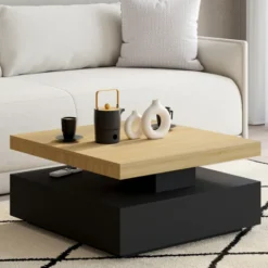 Table basse carrée avec plateau rotatif moderne 70 cm bois et noir
