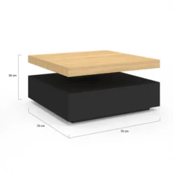 Table basse carrée avec plateau rotatif moderne 70 cm bois et noir