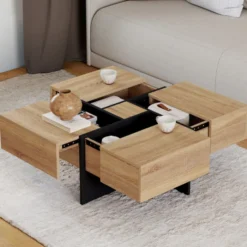 Table basse carrée avec 4 tiroirs bois et noir