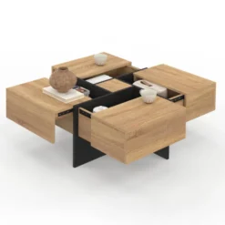 Table basse carrée avec 4 tiroirs bois et noir