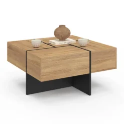 Table basse carrée avec 4 tiroirs bois et noir