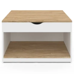 Table basse carrée blanche avec plateau relevable et coffre bois