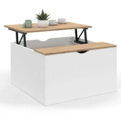 Table basse carrée blanche avec plateau relevable et coffre bois