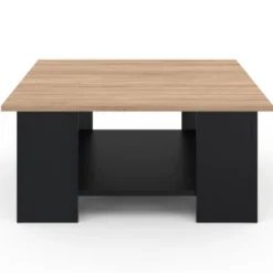 Table basse carrée noire avec plateau imitation hêtre