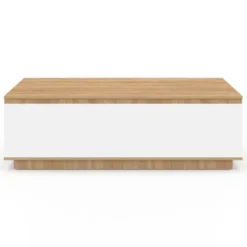 Table basse 110 cm avec porte façon hêtre et blanc