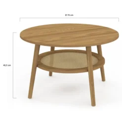Table basse 70 cm ronde bois façon hêtre et plateau effet naturel cannage