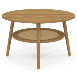 Table basse 70 cm ronde bois façon hêtre et plateau effet naturel cannage