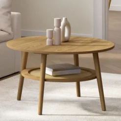 Table basse 70 cm ronde bois façon hêtre et plateau effet naturel cannage