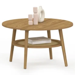 Table basse 70 cm ronde bois façon hêtre et plateau effet naturel cannage