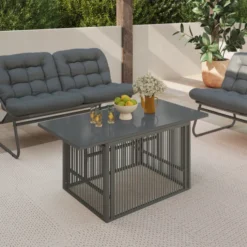 Table basse de jardin relevable rectangulaire 100 cm RIO structure métal et cordage gris anthracite