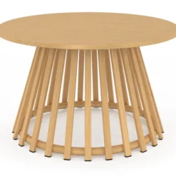 Table basse de jardin ronde 70 cm avec pied lattes en métal effet bois