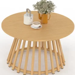 Table basse de jardin ronde 70 cm avec pied lattes en métal effet bois