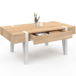 Table basse en bois pied épingle blanc avec 1 tiroir