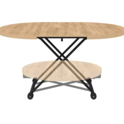 Table basse extensible relevable en table à manger ronde plateau façon hêtre pied noir design industriel