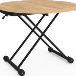 Table basse extensible relevable en table à manger ronde plateau façon hêtre pied noir design industriel