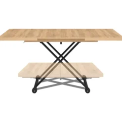 Table basse extensible relevable en table à manger rectangulaire bois et noir design industriel