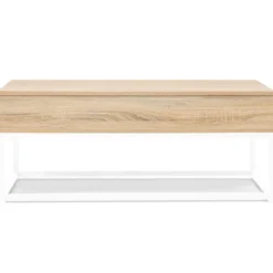 Table basse industrielle blanche et bois avec plateau relevable