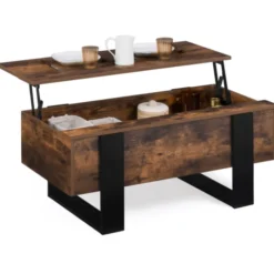 Table basse industrielle relevable bois effet vieilli et noir